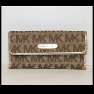 Michael Kors Jet Set MK Signature Gold Leather Slim Continental Clutch Wallet